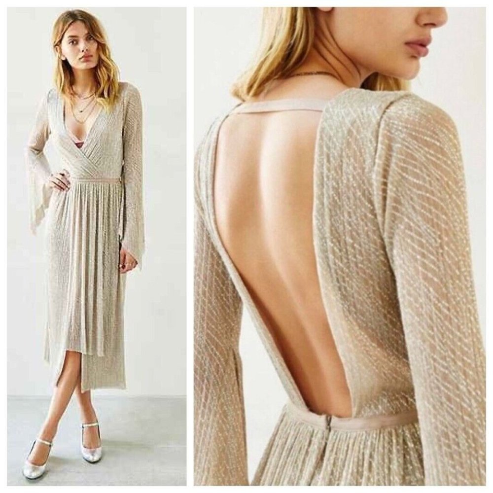 Bec + Bridge Chiffon Gold Dust Maxi Metallic Gold Open Back Womens Size 6 New
